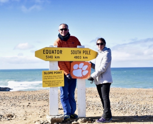 New Zealand: Jason Stone \u201900 and Carolyn Emmons \u201900 visited Slope Point, the southernmost point of New Zealand\u2019s South Island.